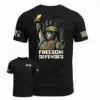 Zero Hour Freedom Defender t-shirt with armored Lady Liberty graphic Black Zero Hour patriotic t-shirt distressed American flag design Zero Hour Freedom Defender shirt with American flag sleeve detail