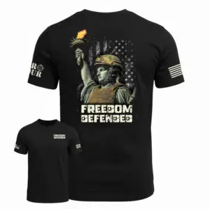 Zero Hour Freedom Defender t-shirt with armored Lady Liberty graphic Black Zero Hour patriotic t-shirt distressed American flag design Zero Hour Freedom Defender shirt with American flag sleeve detail
