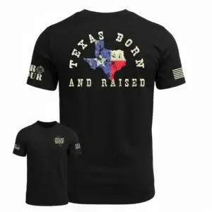 Texas Born and Raised t-shirt with distressed Texas flag design Black Texas pride tshirt Texas Born chest print Texas flag inside state outline t-shirt