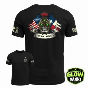 Zero Hour Eyes On Always t-shirt with glow in the dark night vision Spartan skull Black Zero Hour tactical t-shirt full back graphic Spartan skull Zero Hour patriotic t-shirt American and Texas flag design