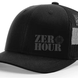 Zero Hero Richardson 112 subdued black trucker hat Black Richardson 112 snapback with subdued black Zero Hero embroidery