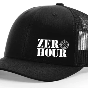 Zero Hour Richardson 112 black trucker hat with white embroidered logo
