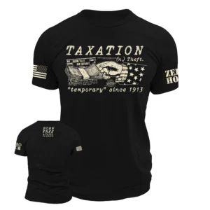 Black patriotic t-shirt reading “Taxation Is Theft – Temporary Since 1913” with vintage money graphic and American flag sleeve print