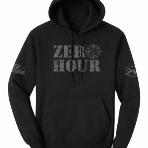 Black Zero Hour tactical patriotic hoodie with distressed logo and sleeve graphics