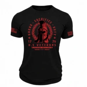 Black Honor Sacrifice Duty U.S. Veterans Spartan 1776 graphic t-shirt with American flag sleeve detail.