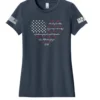 Women's navy blue t-shirt with 2nd amendment heart flag and zero hour sleeve logo