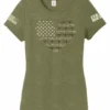 Women's military green t-shirt with 2nd amendment heart flag and zero hour sleeve logo
