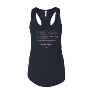 Women's navy racerback tank top with 2nd amendment heart flag and 1776 graphic