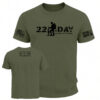 A green Zero Hour "22 A Day" t-shirt featuring a kneeling soldier silhouette and "No One Left Behind" text. The sleeves display a tactical American flag with "I Got Your Six" and the Zero Hour logo. The back shows the mission statement: "The Battle Within, 22-0-365.