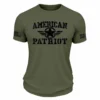 American Patriot T-Shirt in military green with distressed black patriotic graphic and sleeve flag