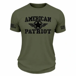American Patriot T-Shirt in military green with distressed black patriotic graphic and sleeve flag