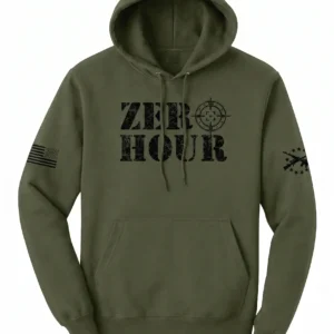 Military Green Zero Hour tactical patriotic hoodie with distressed logo and sleeve graphics