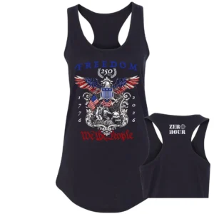 Navy blue women's patriotic racerback tank top featuring a Freedom 250 Years design with a red, white, and blue American eagle, patriotic artwork, We The People text, and Zero Hour logo on the back. Celebrating America's 250th anniversary.