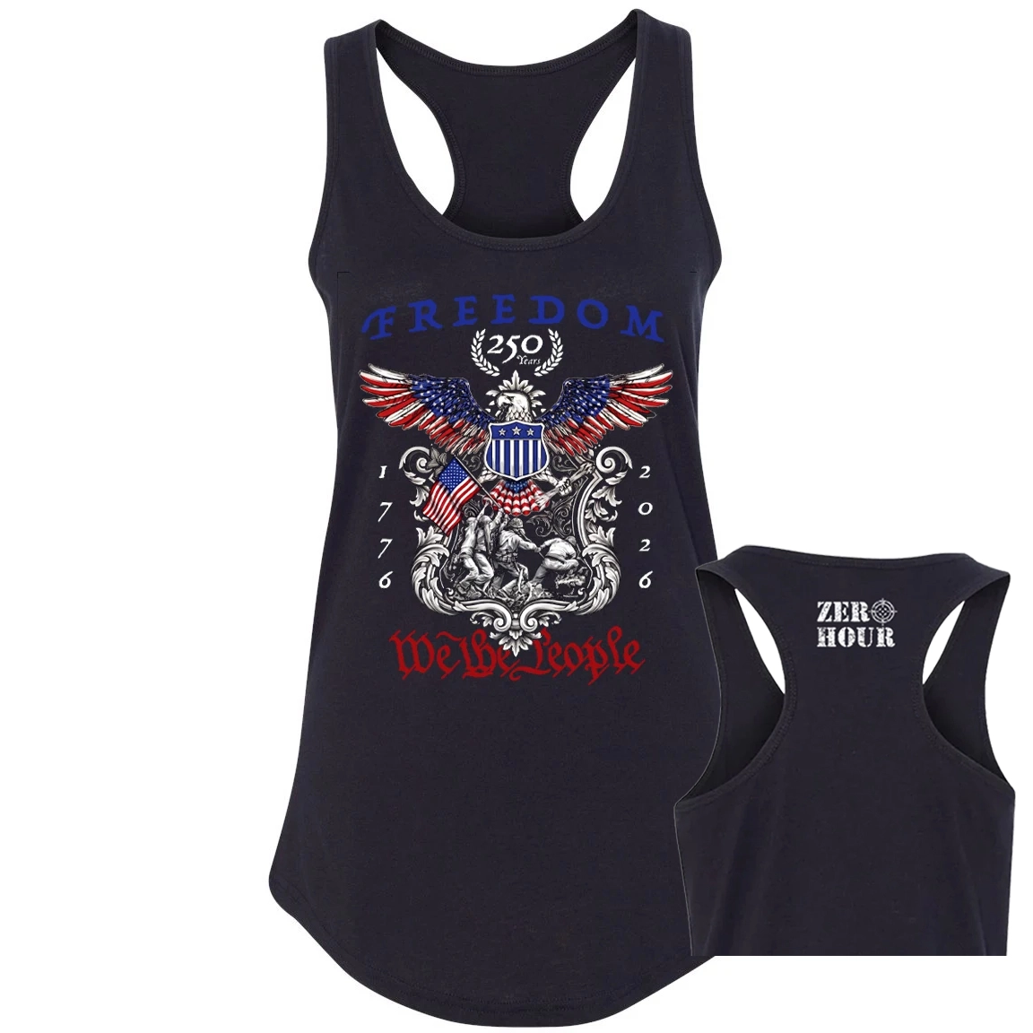 Navy blue women's patriotic racerback tank top featuring a Freedom 250 Years design with a red, white, and blue American eagle, patriotic artwork, We The People text, and Zero Hour logo on the back. Celebrating America's 250th anniversary.
