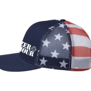 Side profile of the Zero Hour USA Flag Trucker Hat showing the American flag mesh back, navy front panel, curved bill, and adjustable snapback closure.