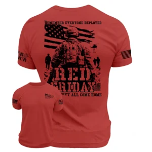 Front and back mockup of the Zero Hour RED Friday patriotic t-shirt featuring a deployed American soldier in front of a distressed American flag with the words "Remember Everyone Deployed – Until They All Come Home."